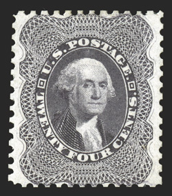 45, 24c Blackish violet reprint, without gum as issued, exceptionally well centered, particularly for this value which is almost always found quite off center, incredibly rich
color and a highly detailed impression, extremely fine for this diffi