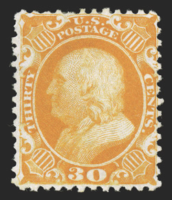 46, 30c Yellow orange reprint, without gum as issued, wonderfully bright color, nicely centered, a very fine example of this rare reprint only 480 sold 1977 PF
certificate.
