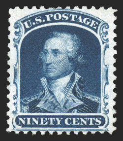 47, 90c Deep blue reprint, without gum as issued, striking color that is especially deep and intense, prooflike impression on pristine white paper, well centered, a very fine
and quite desirable example of this high value reprint rarity only 45