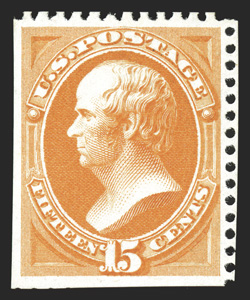 174, 15c Bright orange special printing, without gum as issued, gorgeous vibrant color, usual scissor separation leaving intact perforations on two sides, very fine fewer than
40 examples of this value are thought to exist 1990 PF certific