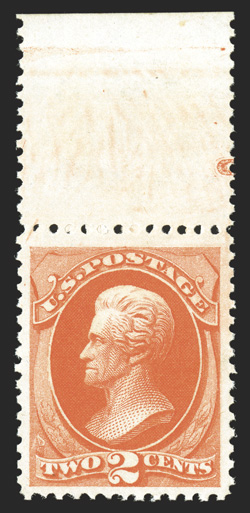 178, 2c Vermilion, a gorgeous top sheet-margin single, with radiant rich color and a vivid impression, outstanding centering within uncharacteristically large margins, o.g.,
n.h., extremely fine gem 1990 PF certificate.