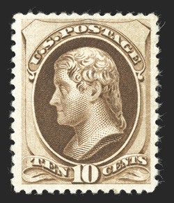 187, 10c Brown, without secret mark, uncommonly well centered and margined, lovely rich color and a well defined impression, o.g., lightly hinged, extremely fine a very scarce
stamp in this premium condition 1985 PF certificate for a block of