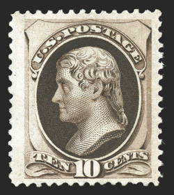 188 var., 10c Black brown, with secret mark, unused, well centered within lavishly large margins, rich color in this distinctive shade, sharp detailed impression, extremely
fine a rarely seen color variety, being one of the very few certified e