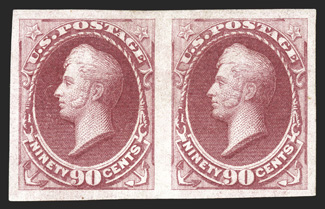 191b, 90c Carmine imperforate, horizontal pair, large even margins all around, fresh color, o.g., mild h.r., minute thin speck, otherwise extremely fine and rare 1991 PF
certificate.