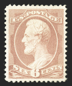 208, 6c Rose, wonderfully well centered within large margins, unusually fresh color on bright white paper, o.g., lightly hinged, extremely fine actually a rare stamp in this
premium quality, being much more challenging than the deep brown red s