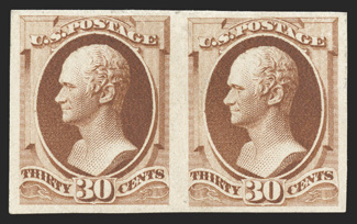 217a, 30c Orange brown, imperforate, horizontal pair, large margins all around, strong color, o.g., h.r., very fine a rarely offered imperforate pair 1948 APS and 1992 PF
certificates.