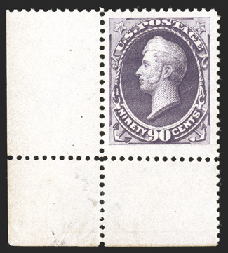 218, 90c Purple, a spectacular bottom left corner sheet-margin single, sporting enormously large margins all around and being remarkably well centered within them, brilliantly
rich color and a strong impression, o.g., never hinged, extremely fin