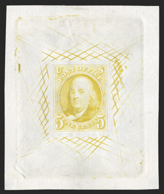 1TC1-2TC1, 5c and 10c 1847 Issue trial color proofs in Deep yellow on India, 53x64mm and 53x67mm respectively, with cross-hatching, both are full size with die sinkage, 5c with
faint corner thins at bottom, 10c with a small thin and stain at top