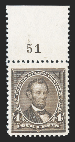 254, 4c Dark brown, impressive jumbo-margined top sheet-margin plate no. 51 single, possessing margins of exceptional size and being wonderfully well centered within them, deep
luxuriant color, o.g., n.h., extremely fine 1994 PF certificate