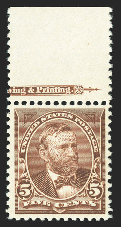 255, 5c Chocolate, top sheet-margin partial imprint single, beautifully centered, rich luxuriant color and a highly detailed impression on bright paper, o.g., barest trace of
hinging (if any), extremely fine 1993 PF certificate for the strip of