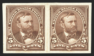 255b, 5c Chocolate, imperforate, horizontal pair with large even margins all around, lovely rich color, o.g., lightly hinged, extremely fine 1992 PF
certificate.