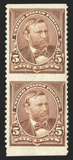 255c, 5c Chocolate, vertical pair, imperforate horizontally, an outstanding quality bottom margin example of this very rare classic perforation error, being in a condition few
others can compare, as the majority of existing examples of this erro