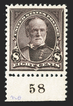 257, 8c Violet brown, bottom sheet-margin plate no. 58 single, precisely centered within large margins, deep prooflike color and impression, o.g., lightly hinged, extremely
fine 1991 PF certificate for the strip of three from which this came.