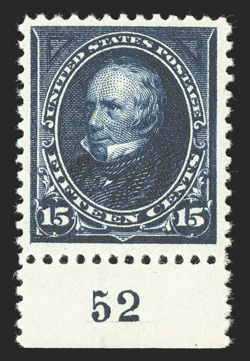 259, 15c Dark blue, a stunning bottom margin plate no. 52 single, possessing the deepest and most intense color we have ever seen on this stamp, as well as an impression that
is beyond prooflike, pristine white paper, wonderfully well centered a