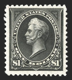 261, $1.00 Black, Ty. I, pristine mint example, featuring prooflike color and impression on crisp paper, exceptionally well centered amid margins that are remarkably wide for
this particular value, unblemished o.g., never hinged, choice very fin