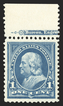 264, 1c Blue, highly select top margin partial imprint single, marvelously well centered within uncharacteristically large margins, extraordinarily bright and fresh, o.g.,
n.h., an extremely fine gem 2004 PSE certificate (XF-Superb 95 SMQ $200