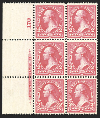 266, 2c Carmine, Ty. II, attractive left margin imprint and plate no. 170 block of six, well centered, bright fresh color, o.g., stamps n.h., lightly hinged in the selvage,
very fine 1991 PF certificate.