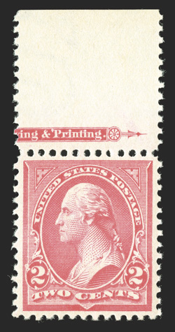 267, 2c Carmine, Ty. III, top margin partial imprint single, excellent centering, bright color, o.g., n.h., extremely fine and choice 2008 PSE certificate (XF-Superb 95
$190.00).
