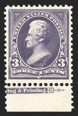 268, 3c Purple, pristine bottom sheet-margin partial imprint single, extraordinarily well centered and margined, luxuriously rich color and a crisp detailed impression,
pristine o.g., n.h., extremely fine gem 1998 PF certificate ex-Westches