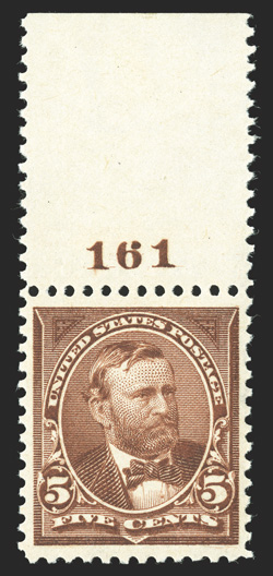 270, 5c Chocolate, an especially handsome top sheet-margin plate no. 161 single, not only exceedingly well centered and margined, but it also has intensely rich color and a
deeply etched impression on immaculate white paper, unblemished o.g., n.
