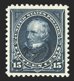 274, 15c Dark blue, select mint example that is exceedingly well centered within large margins, deeply rich color and a sharp detailed impression on fresh paper, o.g., n.h.,
extremely fine 1989 PF certificate.