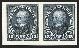 274a, 15c Dark blue, imperforate, horizontal pair, extravagantly large margins all around, strong prooflike color and impression, o.g., lightly hinged, extremely fine 1994 PF
certificate.