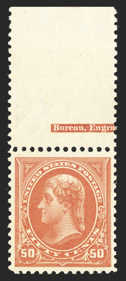 275, 50c Orange, an especially handsome top sheet-margin partial imprint single, outstanding centering, brilliant color on fresh white paper, o.g., n.h., extremely fine
actually a very scarce stamp in this select never hinged quality 1991 PF c