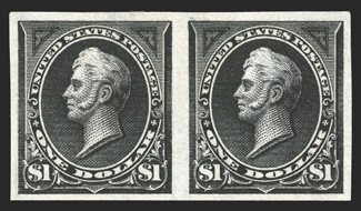 276b, $1.00 Black, Ty. I, imperforate, horizontal pair, large margins all around, strong color and impression, o.g., relatively lightly hinged, extremely fine no more than 50
pairs can exist photocopy of a 1991 PF certificate for a block of fo