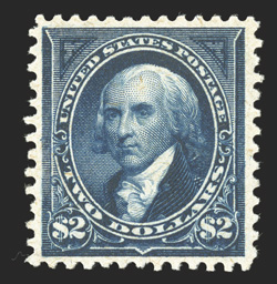 277, $2.00 Bright blue, an eye-catching mint single, possessing beautiful color that is incredibly rich and luxuriant, prooflike impression on immaculate white paper, well
centered, o.g., lightly hinged, very fine and quite choice 1989 PF certi