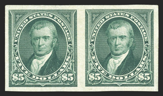 278a, $5.00 Dark green imperforate, marvelous horizontal pair of this imperforate rarity, large margins all around, deep luxuriant color, o.g., relatively lightly hinged,
extremely fine only 50 pairs can possibly exist, many of which are found