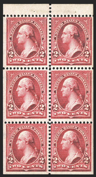 279Bj, 2c Red, booklet pane of six, Ty. IV, horizontal watermark, brilliant color, fresh, crisp and intact, o.g., never hinged, fine-very fine 1990 PF
certificate.