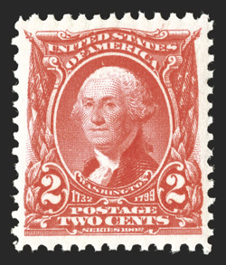 301, 2c Carmine, gorgeous bright color and a crisp impression on fresh white paper, exceedingly well centered and margined, o.g., n.h., extremely fine 2004 PSE certificate and
a 2009 PSE certificate (XF-Superb 95 SMQ $550.00).