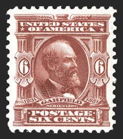 305, 6c Claret, very well centered within uncharacteristically large margins, rich vibrant color and a strong detailed impression, o.g., n.h., extremely fine and choice 1988 PF
certificate.