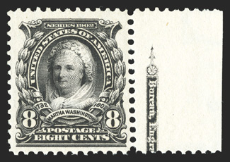 306, 8c Violet black, right sheet-margin partial imprint single, extraordinarily bright and fresh, excellent centering, o.g., n.h., extremely fine 1991 PF
certificate.