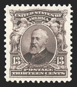 308, 13c Purple black, lavishly large and wonderfully well balanced margins all around, deep intense color and impression, o.g., lightly hinged, extremely fine 2008 PSE
certificate (XF-Superb 95 Jumbo OGph SMQ $120.00 for 95 and $240.00 for 98