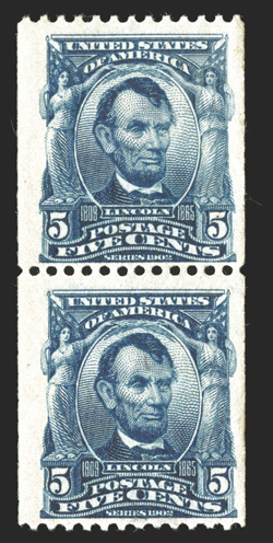 317, 5c Blue coil, perf. 12 horiz., attractive mint pair, deep luxuriant color and a razor-sharp impression, nicely centered within particularly wide margins, o.g., top stamp
with a small bit of h.r., bottom stamp is never hinged with a small na