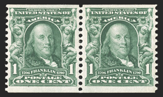 318, 1c Blue green coil, perf. 12 vert., a wonderfully fresh and choice mint pair of this very rare coil, being in a quality that is superior to the majority of known pairs,
possessing exceptionally rich and luxuriant color, extraordinarily well