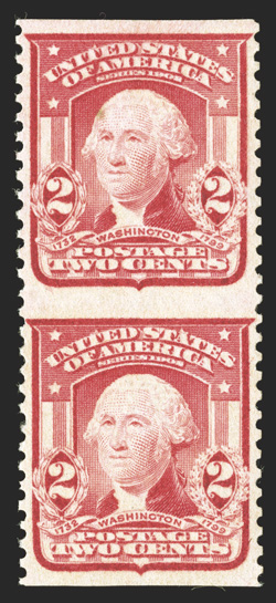 319d, 2c Carmine, Ty. I, vertical pair, imperforate between, a magnificent example of this extremely rare major error, being not only perfectly centered, but also possessing
large margins at top and bottom, fresh color, o.g., trivial tone speck