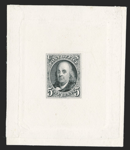 1TC1, 5c Franklin, large die trial color proof in black on India, die sunk on 62x74mm card, bright and fresh, extremely fine and choice being full size and without the
cross-hatching makes this one of the most desirable of all the trial color p
