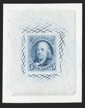 1TC1, 5c Franklin, large die trial color proof in Blue on India, 50x63mm die sunk with full cross-hatching, exceedingly fresh, a couple trivial thins outside the sinkage area, an
extremely fine and particularly attractive example of this scarce