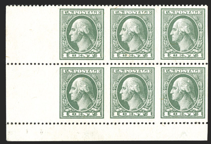 536a, 1c Gray green offset, horizontal pair, imperforate vertically, bottom left corner sheet-margin block of six, well centered and quite fresh, o.g., very fine a wonderfully
handsome and exceedingly rare multiple, perfect for exhibition cons