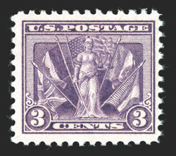 537a, 3c Deep red violet, pristine mint single of this rare color variety, with intensely rich color on fresh paper, immaculate o.g., n.h., nearly very fine 1978 PF certificate
for a strip of three, this being the left stamp, as well as a 1989