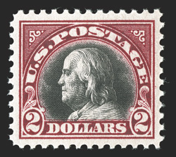547, $2.00 Carmine and black, excellent centering, deep prooflike colors and impressions, o.g., n.h., extremely fine a wonderfully choice example of this popular stamp 2003 PF
certificate and a 2006 PSE certificate (XF-Superb 95 SMQ $875.00).