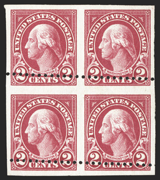 554a, 2c Carmine, horizontal pair, imperforate vertically, a striking mint block of four of this very scarce variety, with a dramatic diagonal shift of the horizontal
perforations well into the stamps, deep rich color, o.g., very fine 1977 PF c