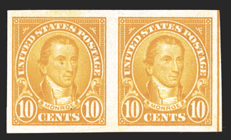 562b, 10c Orange imperforate, horizontal pair, unused, without gum as are all known examples, large margins all around including a portion of the guide line at right,
brilliantly rich color, tiny natural inclusion in left stamp not mentioned on