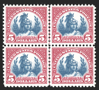 573, $5.00 Carmine and blue, mint block of four with vertical guide line in the middle, exceptionally well centered, rich vibrant colors, o.g., n.h., very fine-extremely
fine.