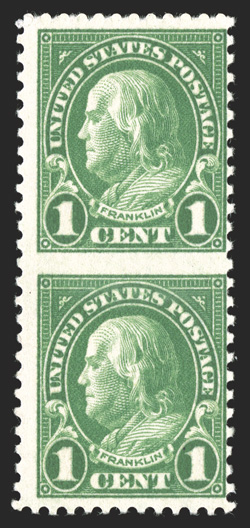 632b, 1c Green, vertical pair, imperforate between, centered to the right as always, brilliantly rich color, o.g., n.h., fine an incredibly rare error pair, being one of only
three have been certified by the Philatelic Foundation (two mint