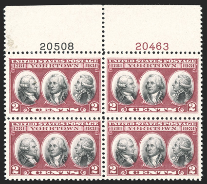 703b, 2c Yorktown, dark lake and black error of color, top margin plate nos 20508, 20463 block of four, rich luxuriant colors, o.g., n.h., a couple tiny natural gum skips,
slight translucent spot in the left of the selvage, fine-very fine only