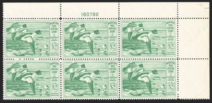 RW16, 1949 $2.00 Bright green, top right margin plate no. 160792 block of six, nicely centered, bright and fresh, o.g., n.h., very fine.