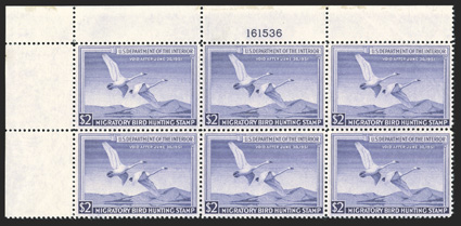 RW17, 1950 $2.00 Violet, top left margin plate no. 161536 block of six, deep color, o.g., n.h., very fine.